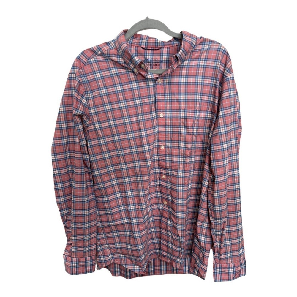 Vineyard Vines Pink Blue On The Go Performance Plaid Long Sleeve Mens Large